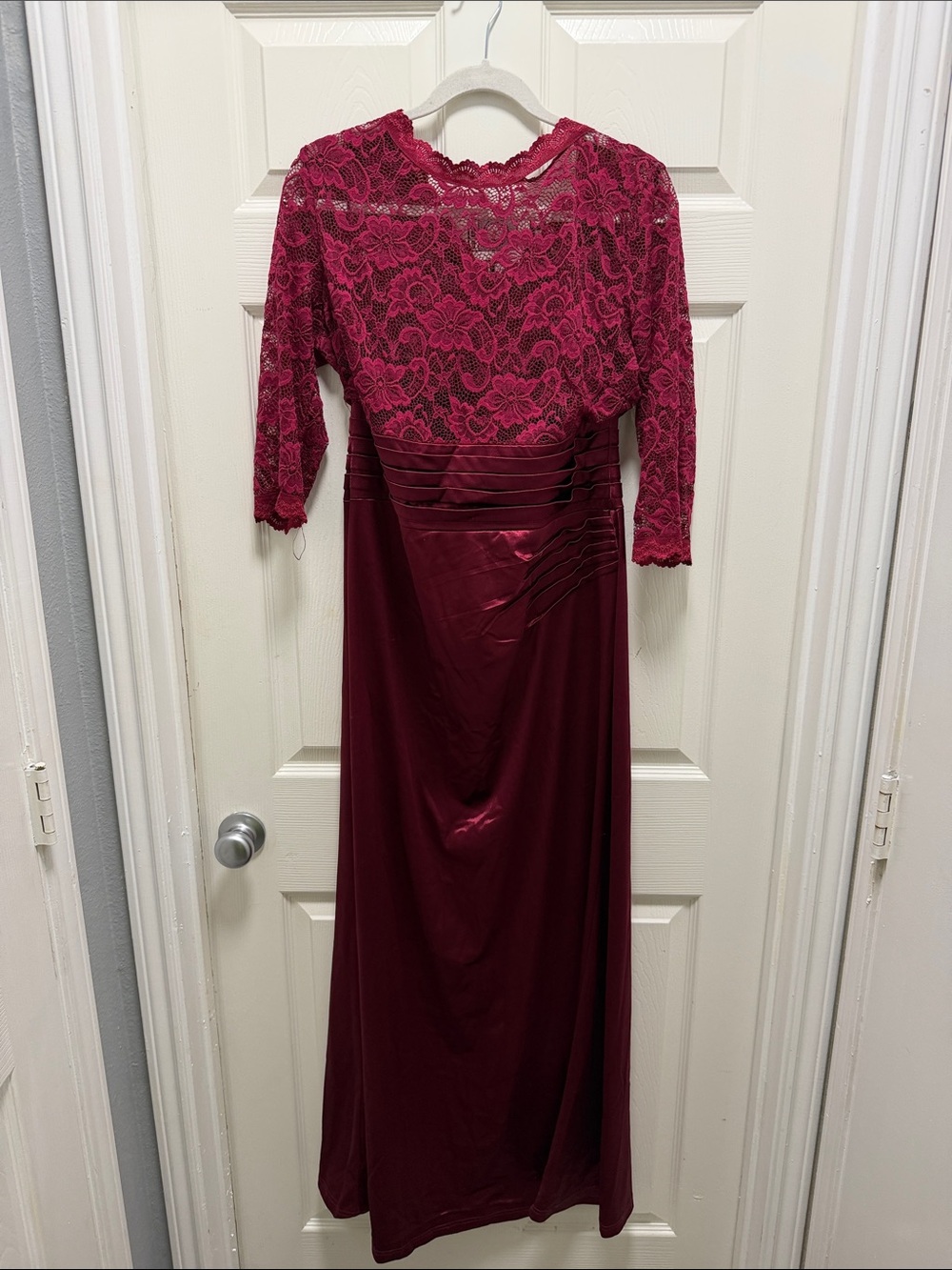 Miusol Burgundy Lace Bodice Long Sleeve Evening Gown